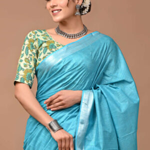 "Serene Weaves: Plain Slub Linen Saree with Running Blouse – Effortless Elegance"