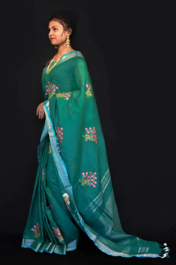 Elegant Slub Linen Embroidery Work Saree – A Touch of Craftsmanship & Grace - Image 3