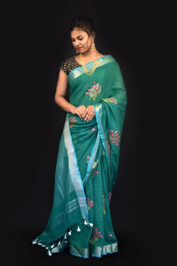 Elegant Slub Linen Embroidery Work Saree – A Touch of Craftsmanship & Grace - Image 4